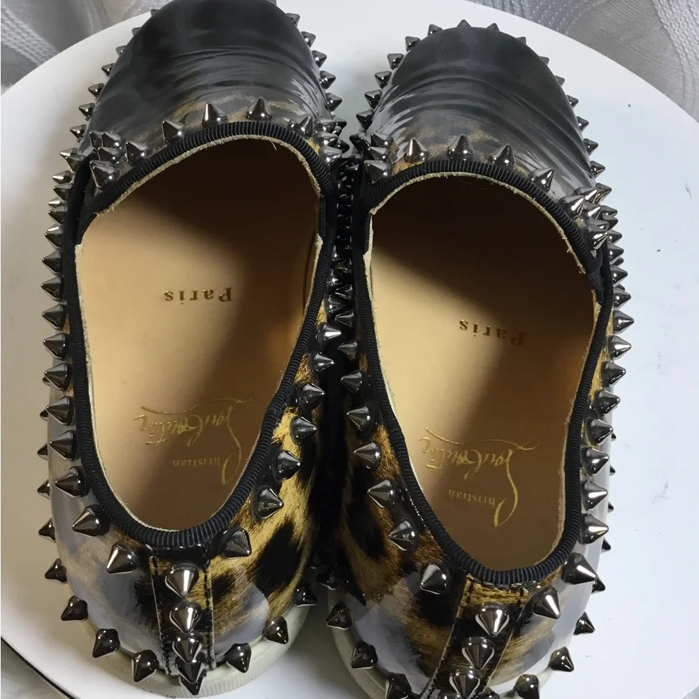 Christian Louboutin Black Patent & Leopard Spike Trim Slip-On Sneakers